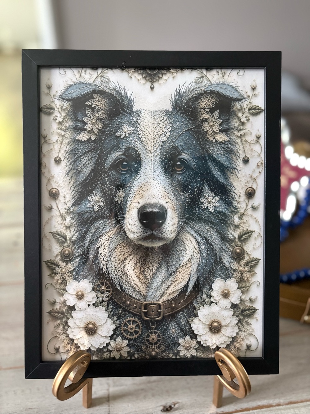 Framed 8x10 Denim Gray Dog Art Print with Floral Accents Border Collie